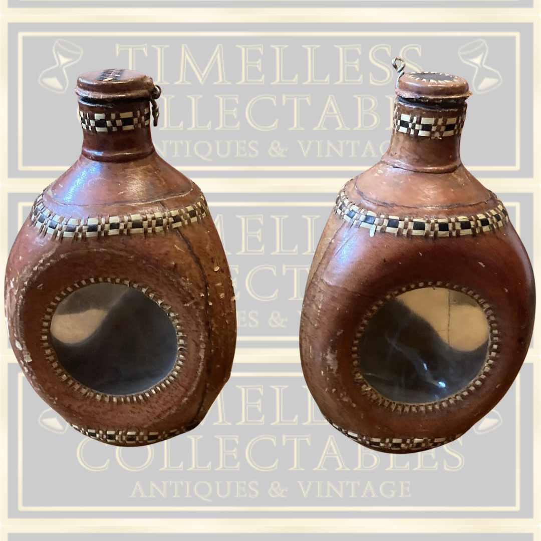 Vintage Pair Leather And Glass Bottles With Stoppers