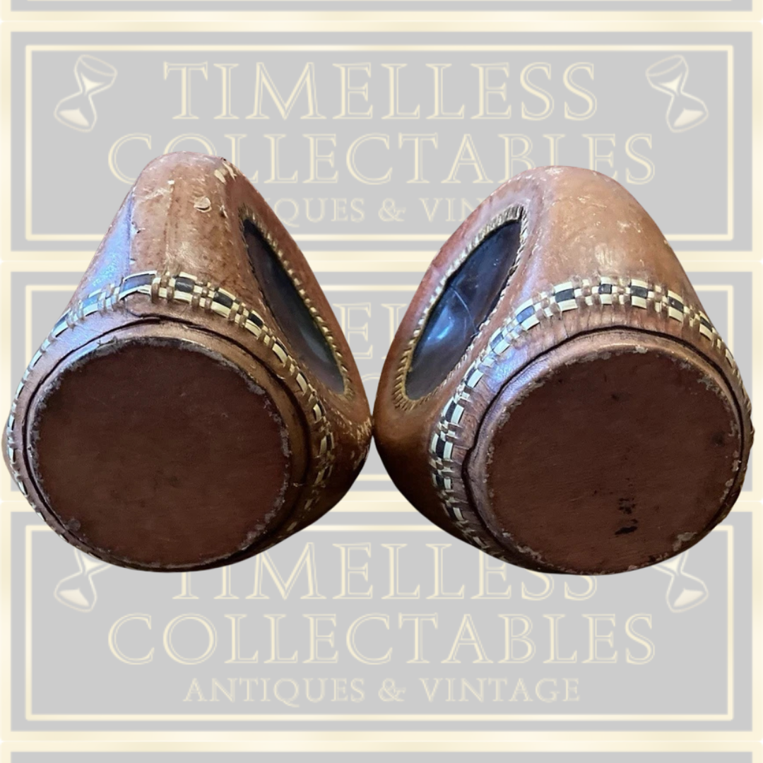 Vintage Pair Leather And Glass Bottles With Stoppers