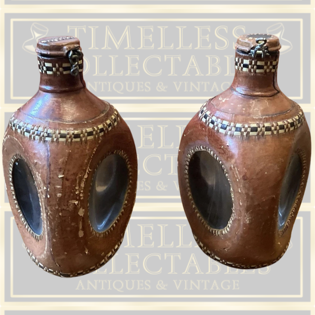 Vintage Pair Leather And Glass Bottles With Stoppers