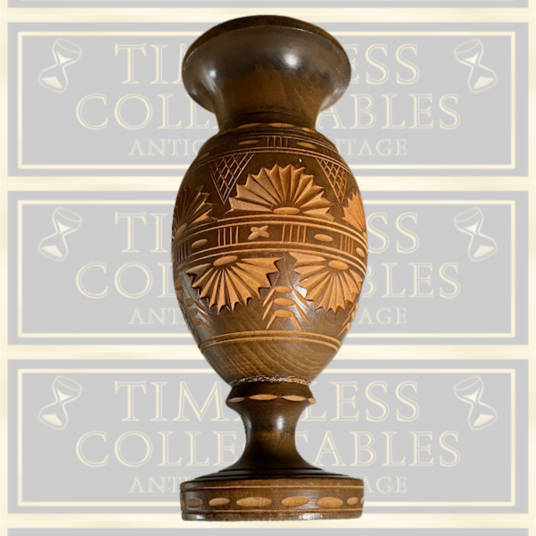 Vintage Handmade Wood Turned Carved Floral Design Vase