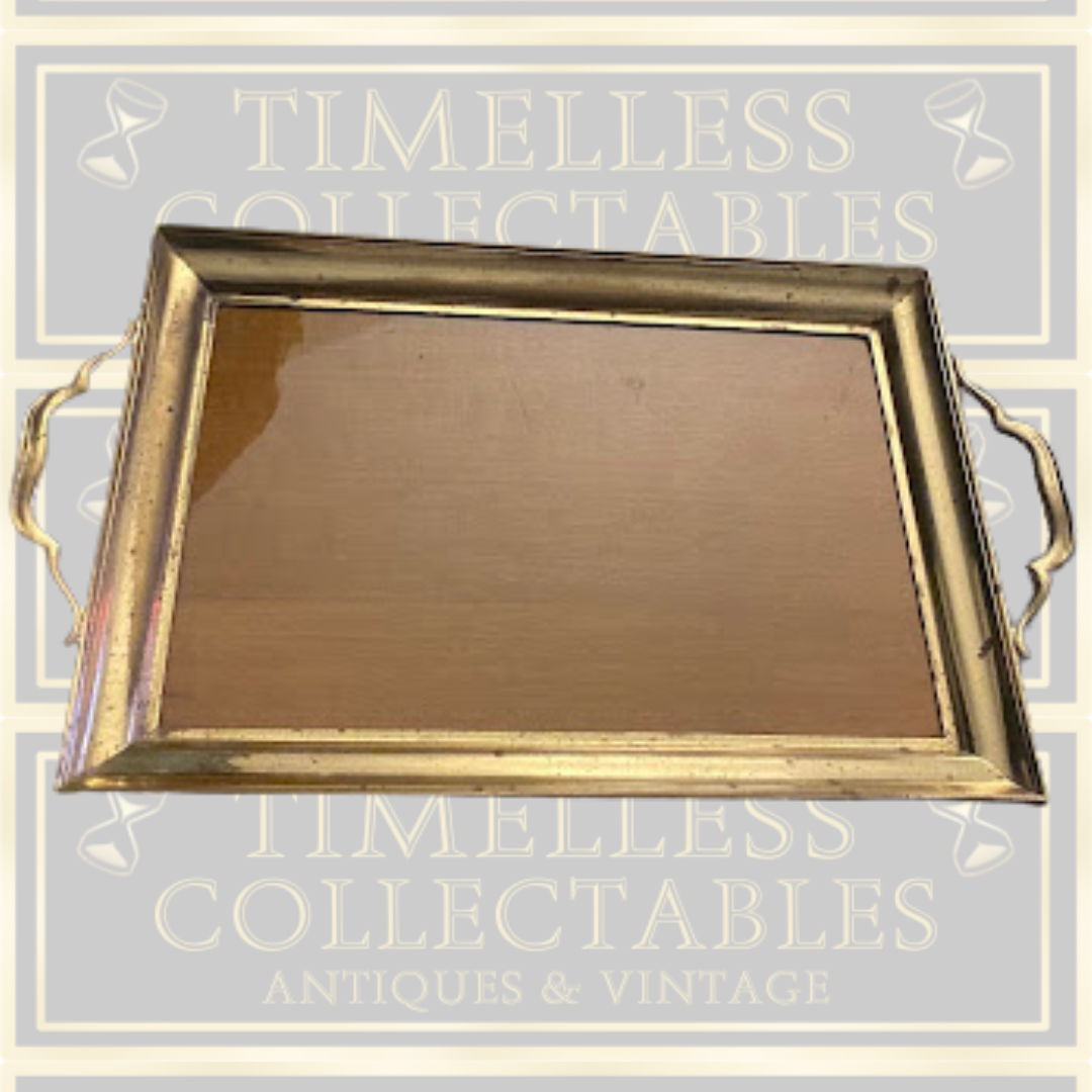 Vintage Brass Wood Rectangular Serving Tray With Handles