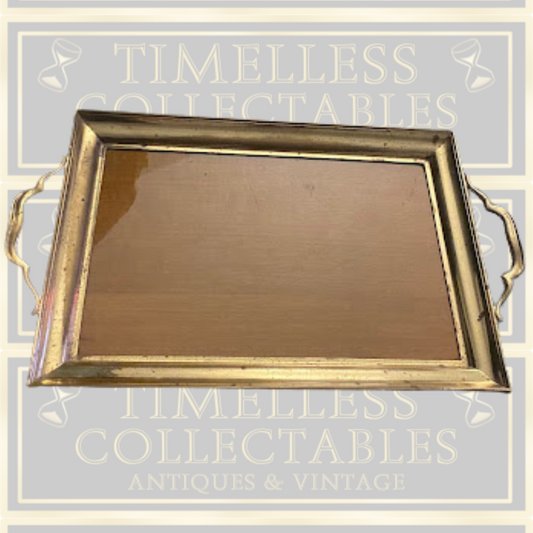 Vintage Brass Wood Rectangular Serving Tray With Handles