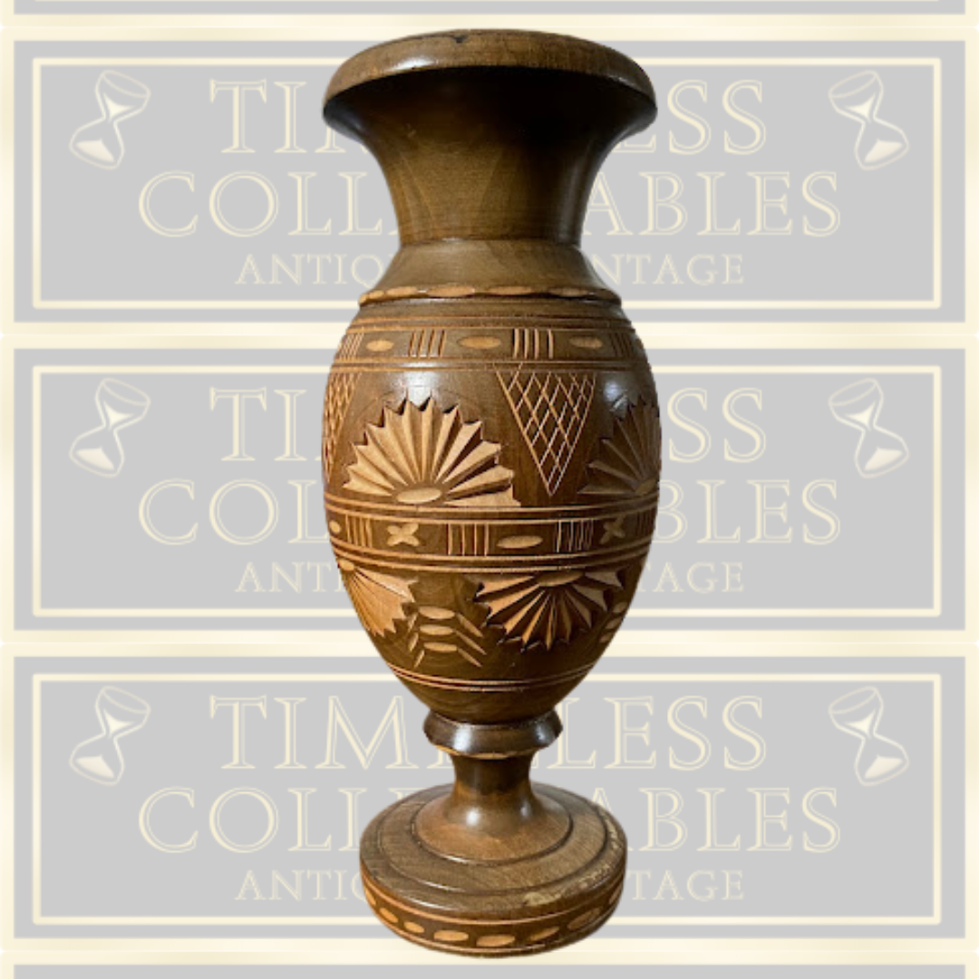 Vintage Handmade Wood Turned Carved Floral Design Vase
