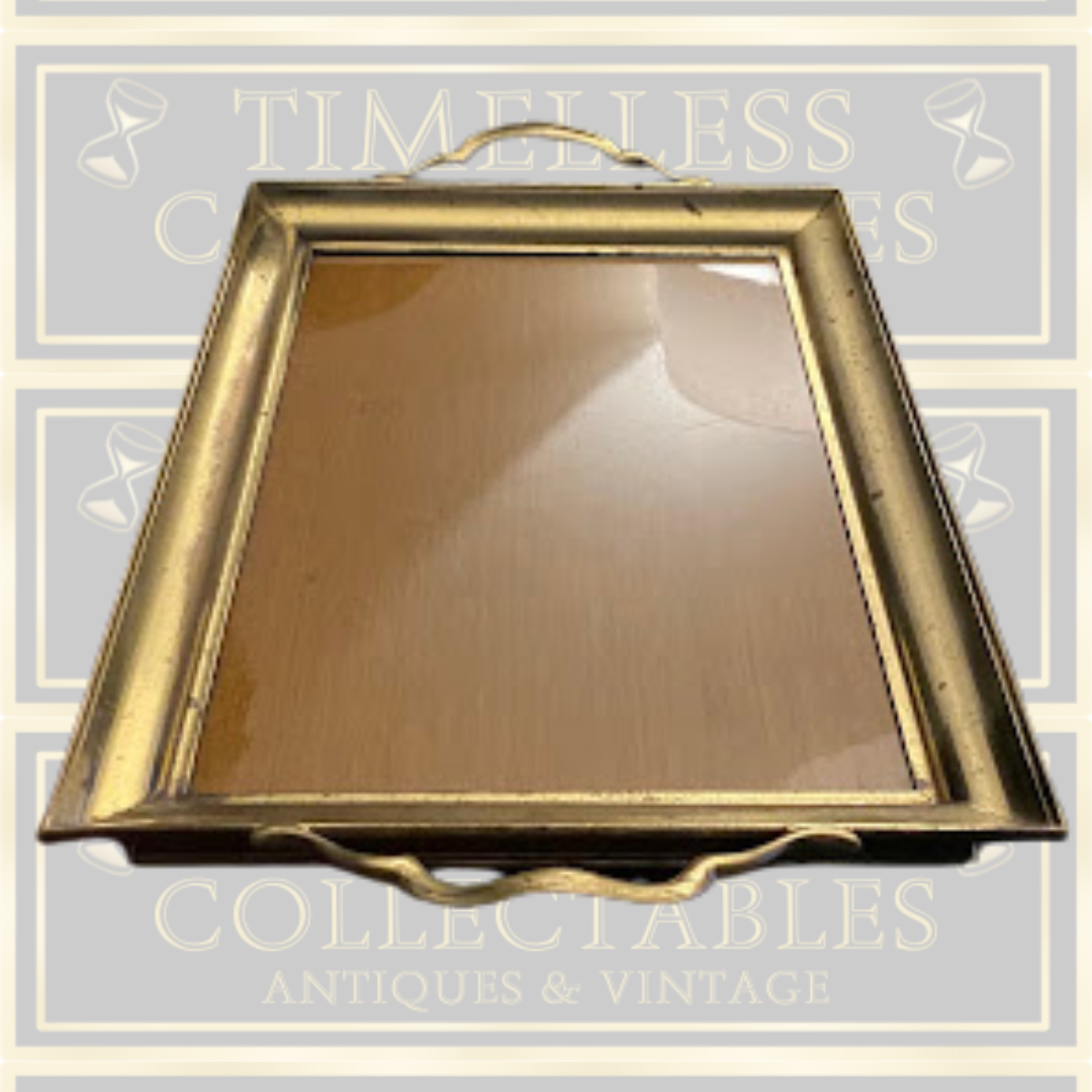 Vintage Brass Wood Rectangular Serving Tray With Handles