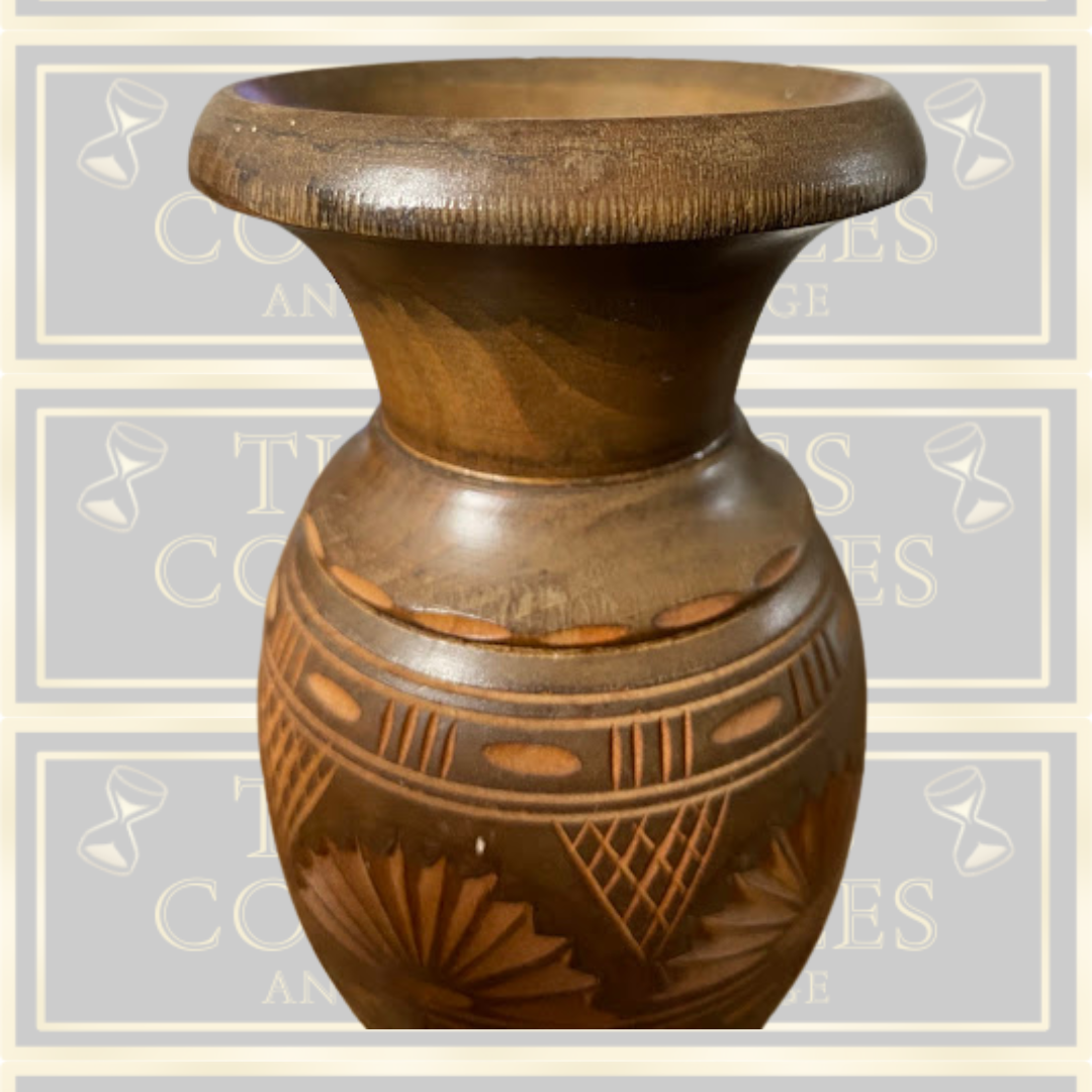 Vintage Handmade Wood Turned Carved Floral Design Vase