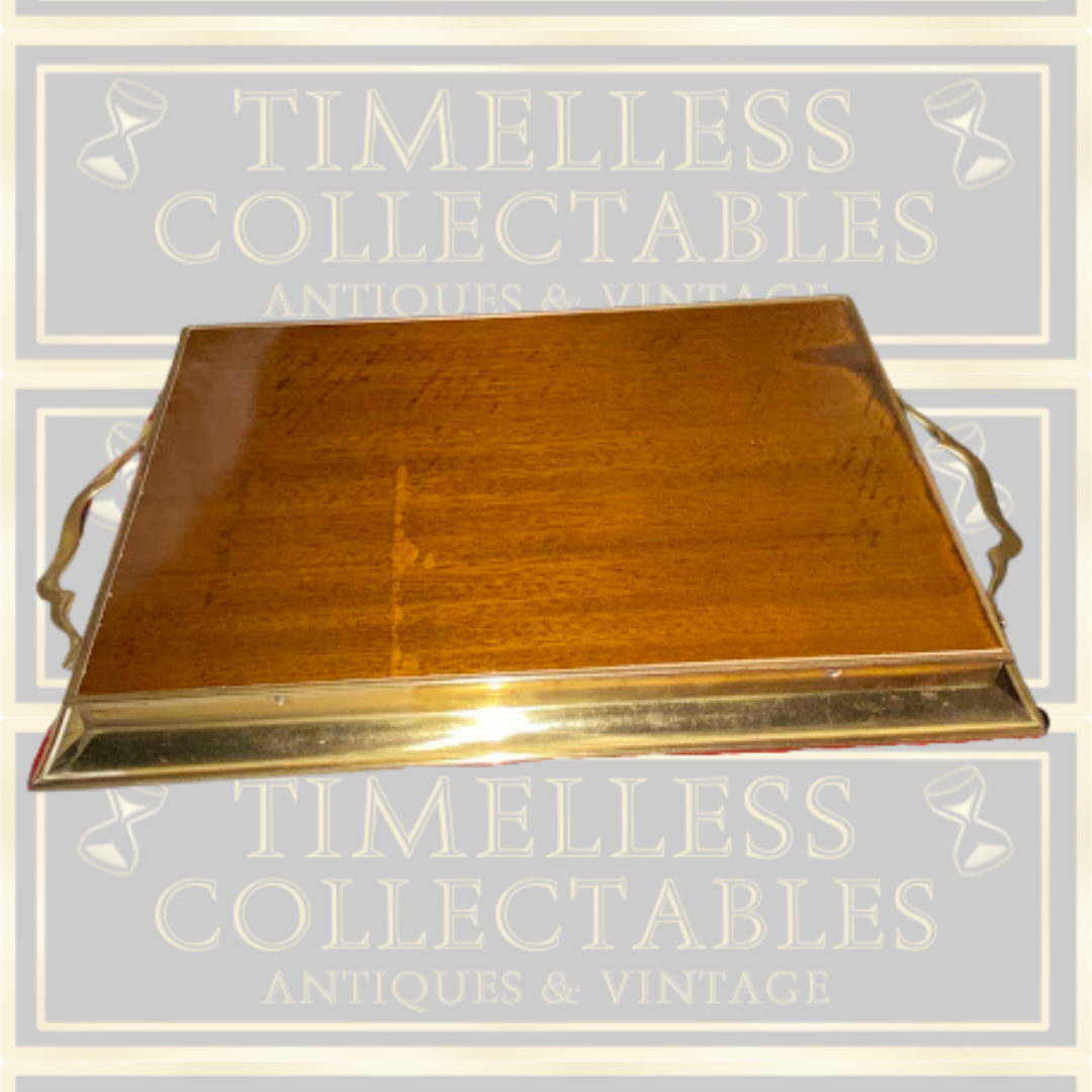 Vintage Brass Wood Rectangular Serving Tray With Handles