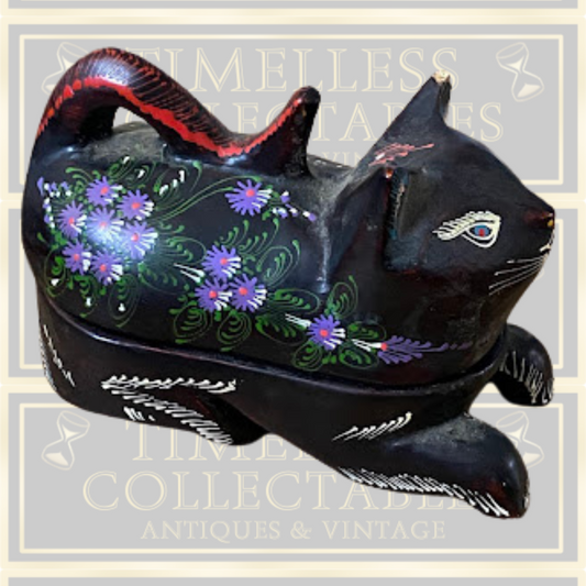 Vintage Black Lacquer Mango Wood Hand Painted Cat