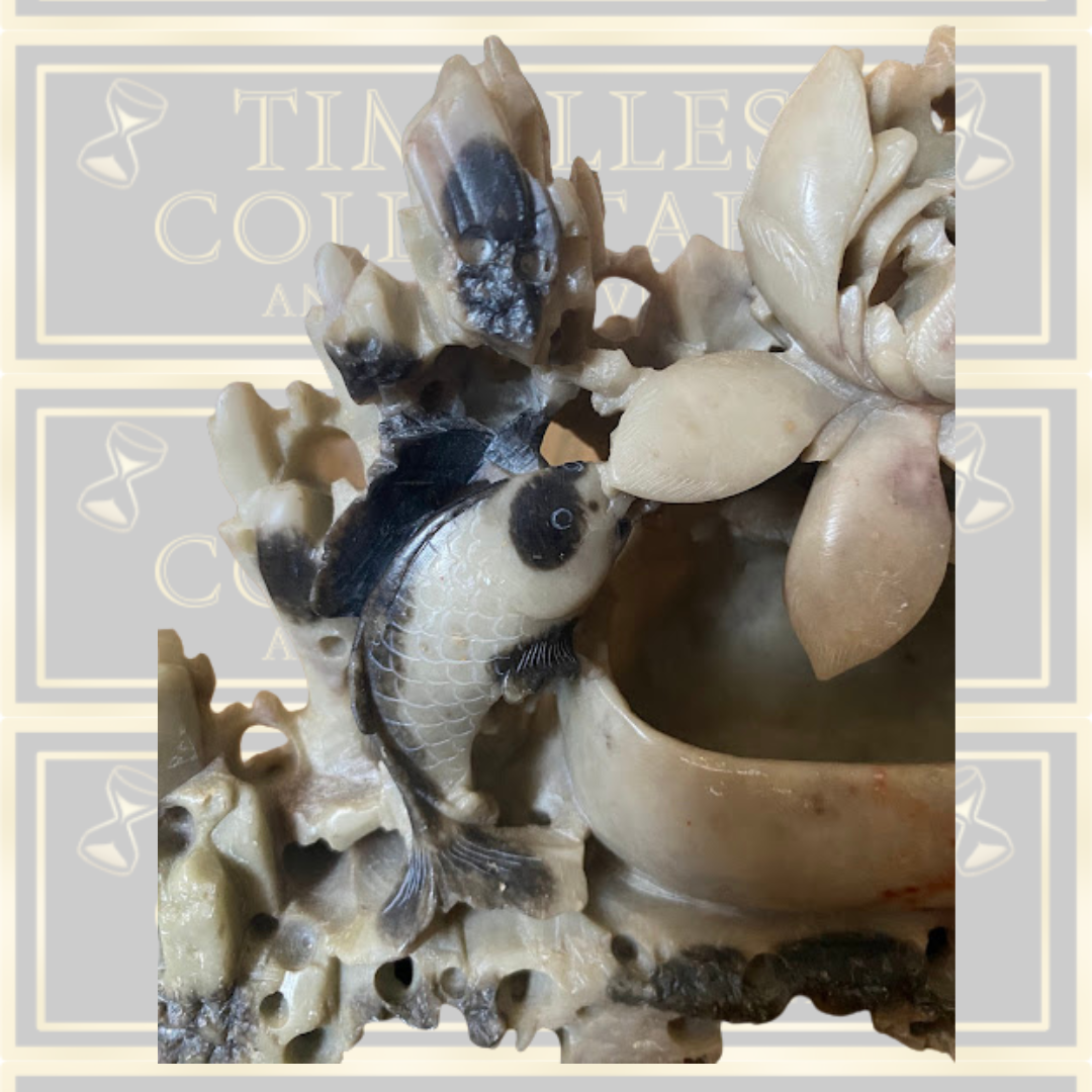 Vintage Large Chinese Koi Fish Soapstone Carving Sculpture