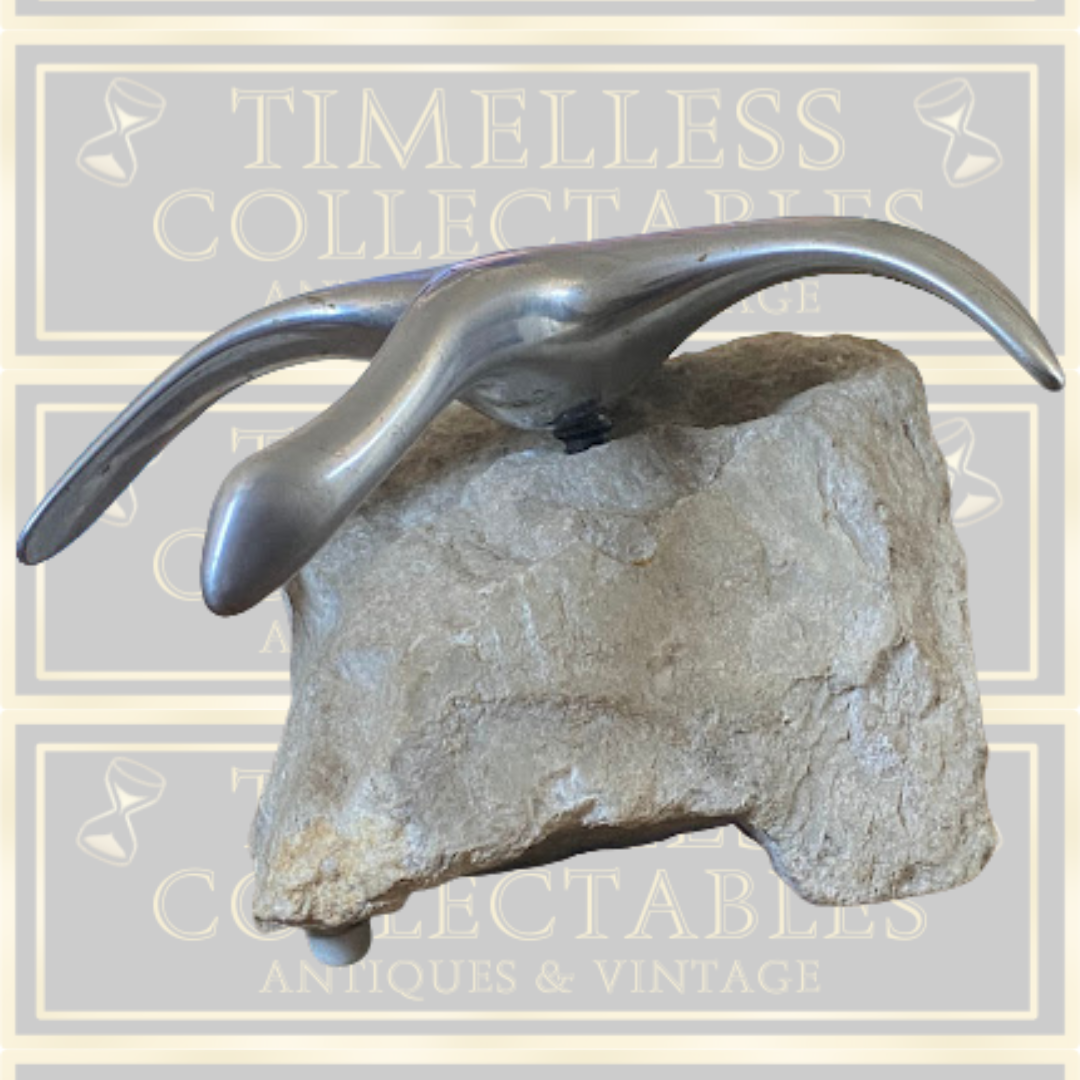 Vintage Large Stylized Metal Canada Goose Sculpture On Rock