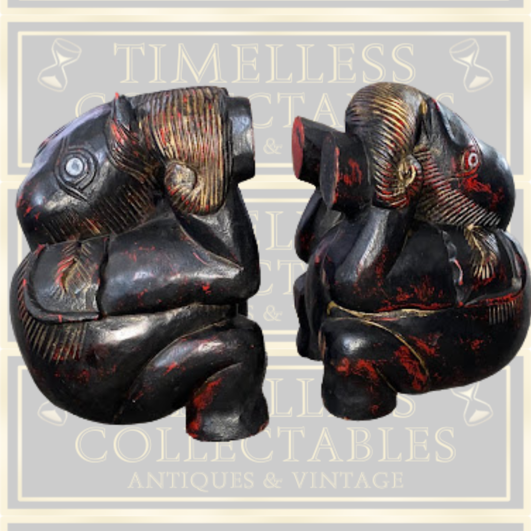 Vintage Large Pair Indian Elephant Bookends Hand Carved Dark Wood