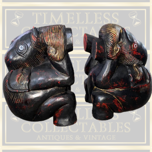 Vintage Large Pair Indian Elephant Bookends Hand Carved Dark Wood