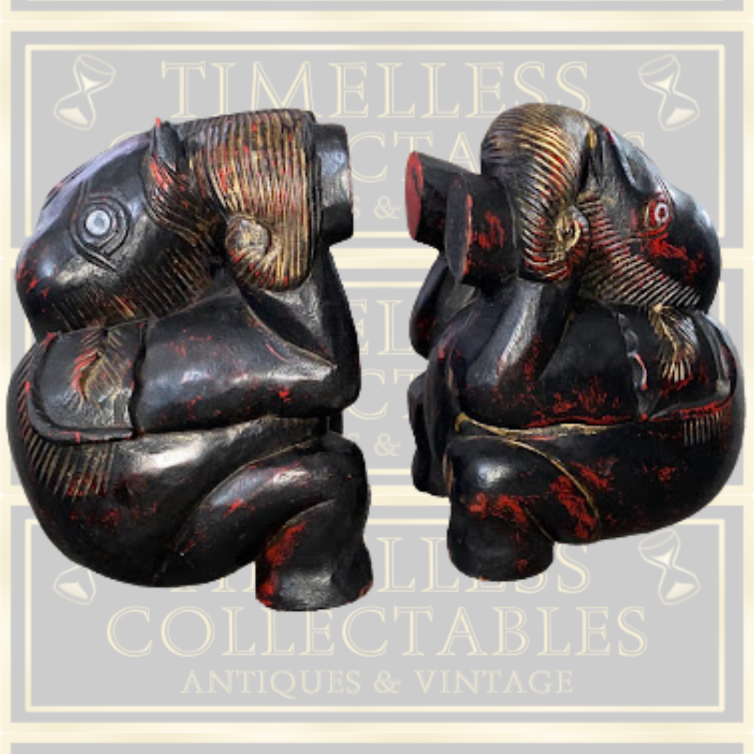 Vintage Large Pair Indian Elephant Bookends Hand Carved Dark Wood