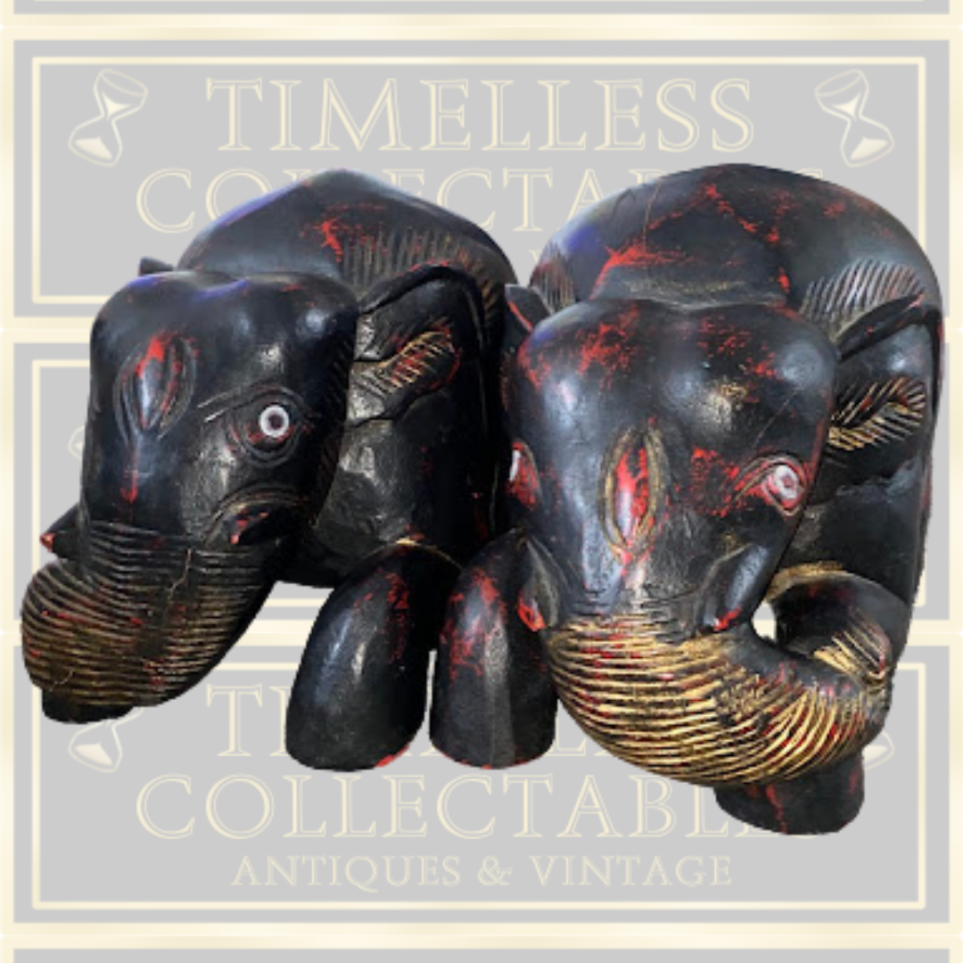 Vintage Large Pair Indian Elephant Bookends Hand Carved Dark Wood