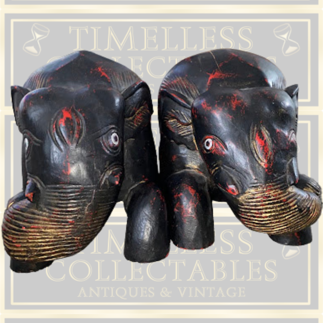 Vintage Large Pair Indian Elephant Bookends Hand Carved Dark Wood