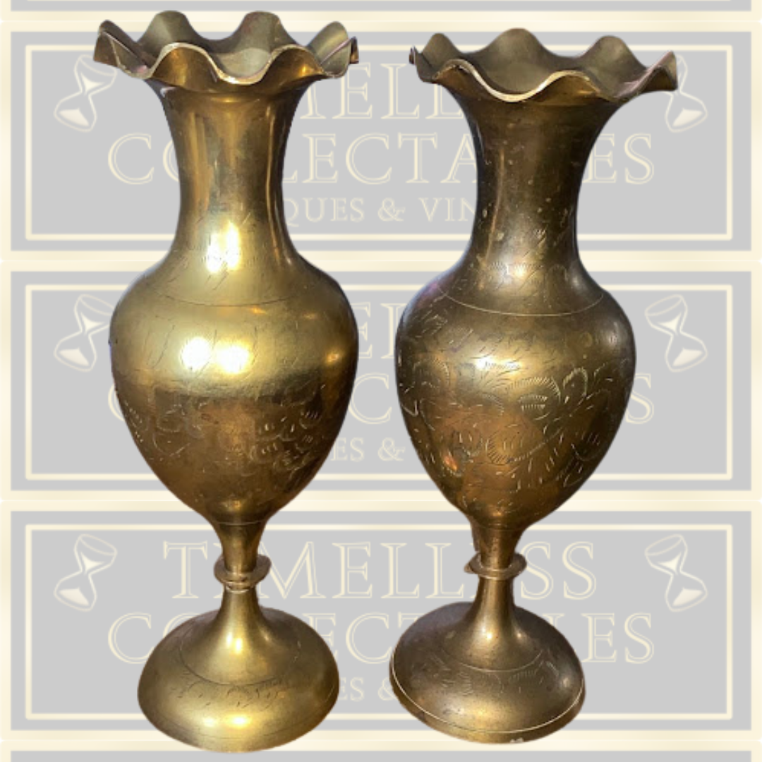 Vintage Pair Brass Etched Floral Vases Fluted Edges