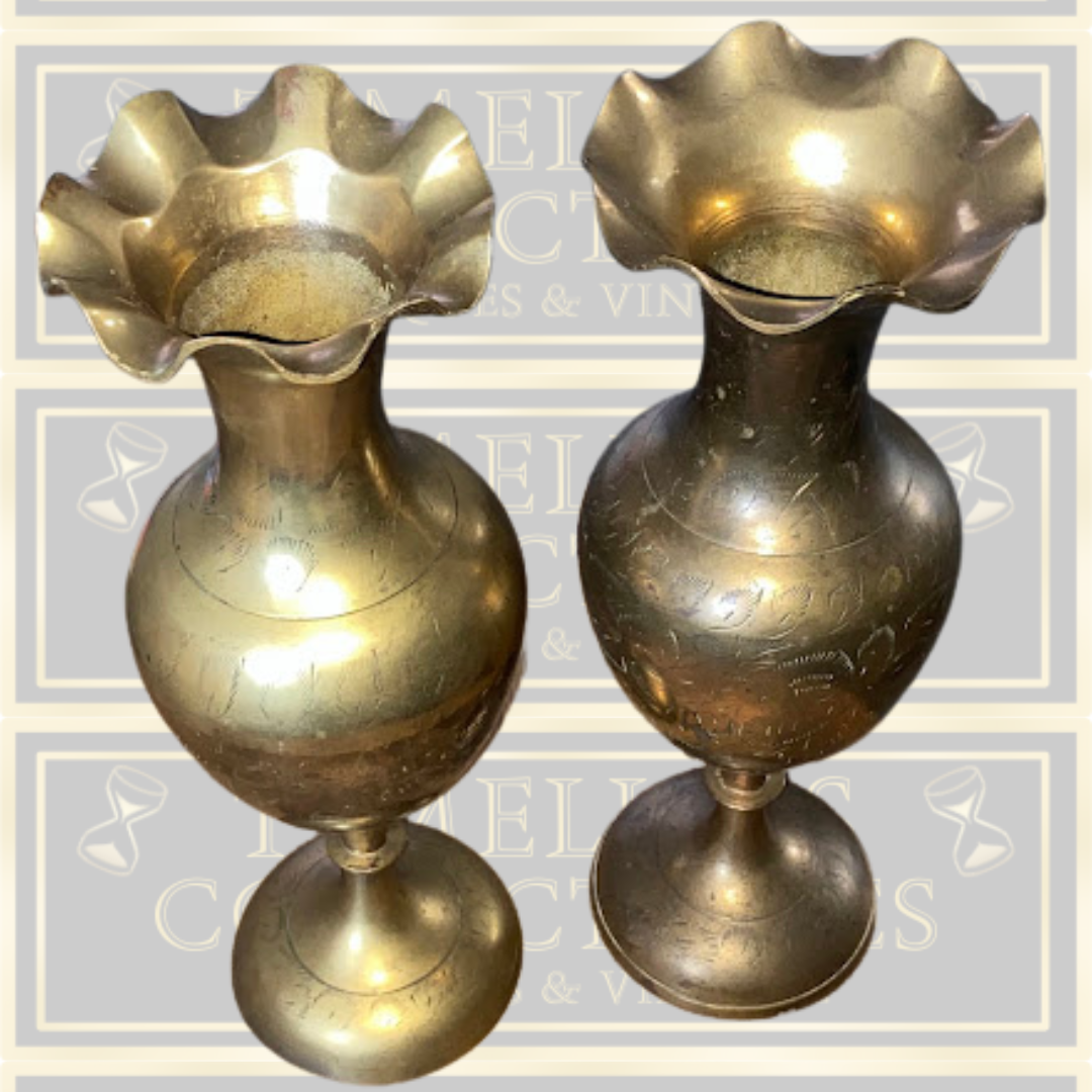 Vintage Pair Brass Etched Floral Vases Fluted Edges
