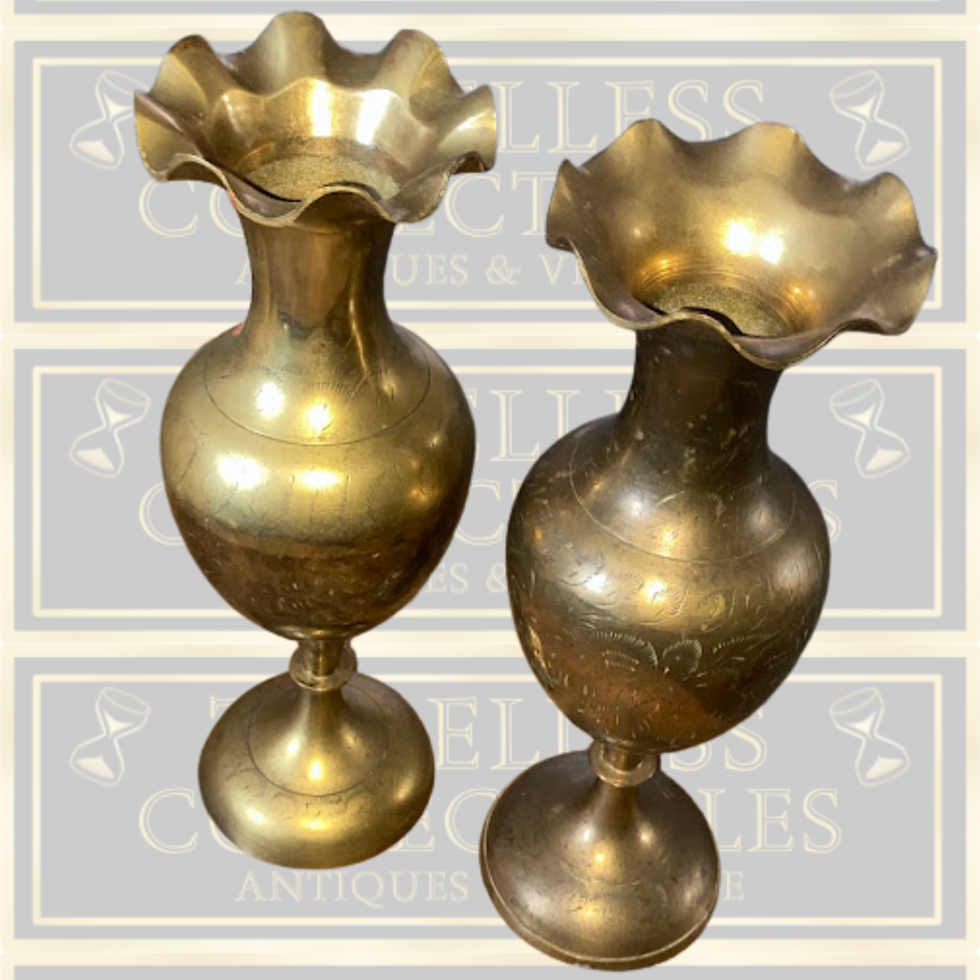Vintage Pair Brass Etched Floral Vases Fluted Edges