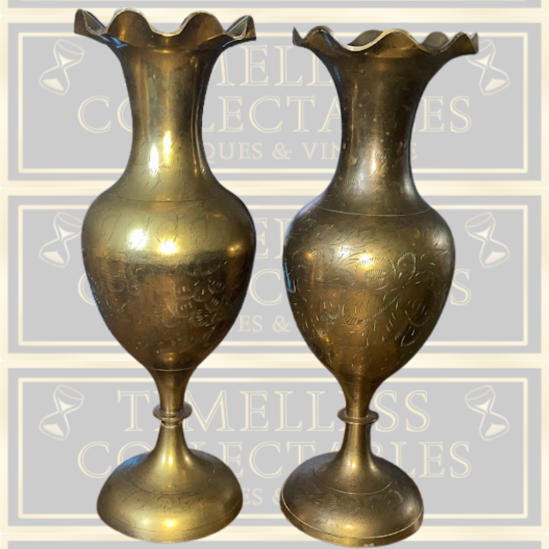 Vintage Pair Brass Etched Floral Vases Fluted Edges