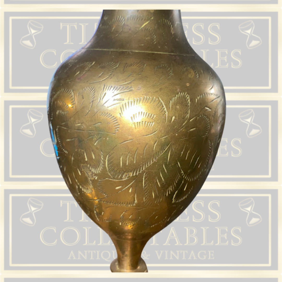 Vintage Pair Brass Etched Floral Vases Fluted Edges