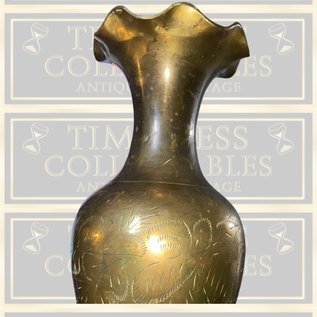 Vintage Pair Brass Etched Floral Vases Fluted Edges