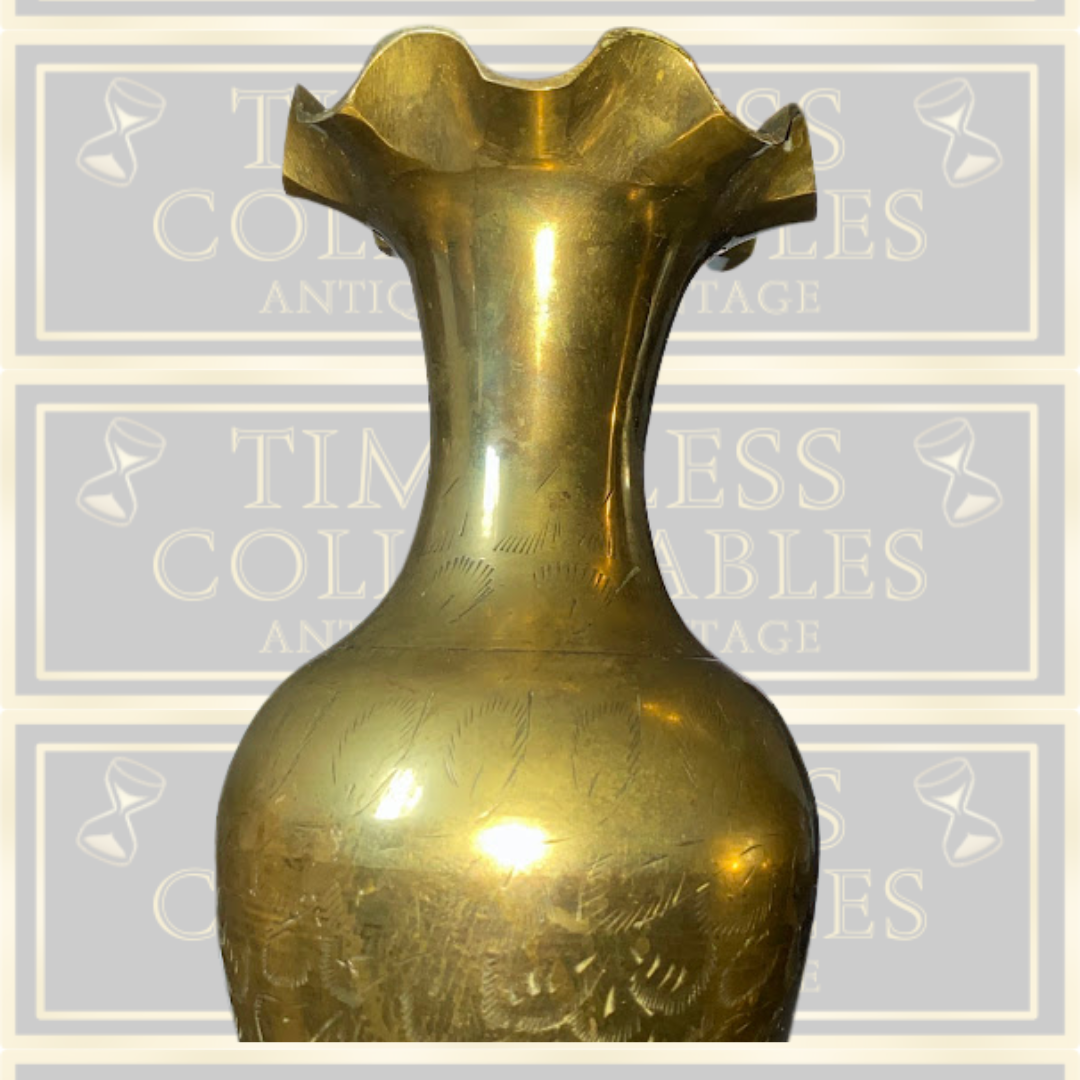 Vintage Pair Brass Etched Floral Vases Fluted Edges