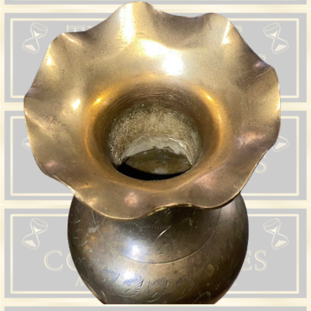 Vintage Pair Brass Etched Floral Vases Fluted Edges
