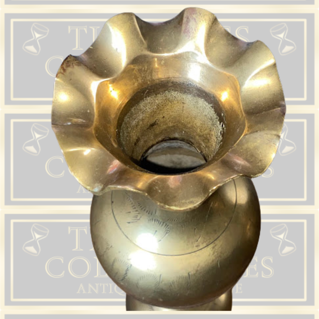 Vintage Pair Brass Etched Floral Vases Fluted Edges
