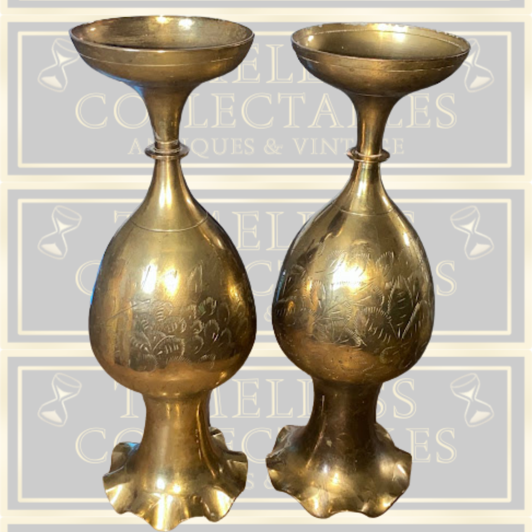Vintage Pair Brass Etched Floral Vases Fluted Edges