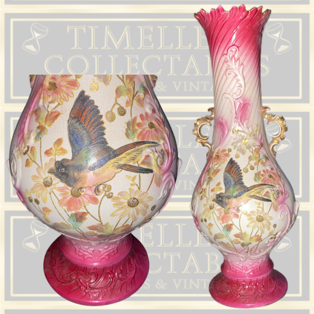 Antique Austrian Floral Pink & White Floor Standing Vase