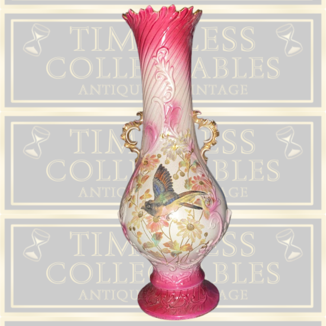 Antique Austrian Floral Pink & White Floor Standing Vase