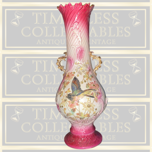 Antique Austrian Floral Pink & White Floor Standing Vase