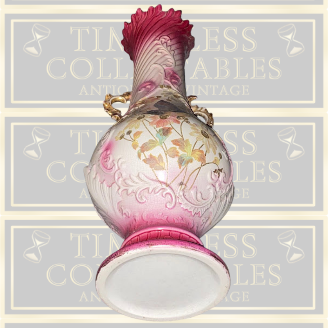 Antique Austrian Floral Pink & White Floor Standing Vase