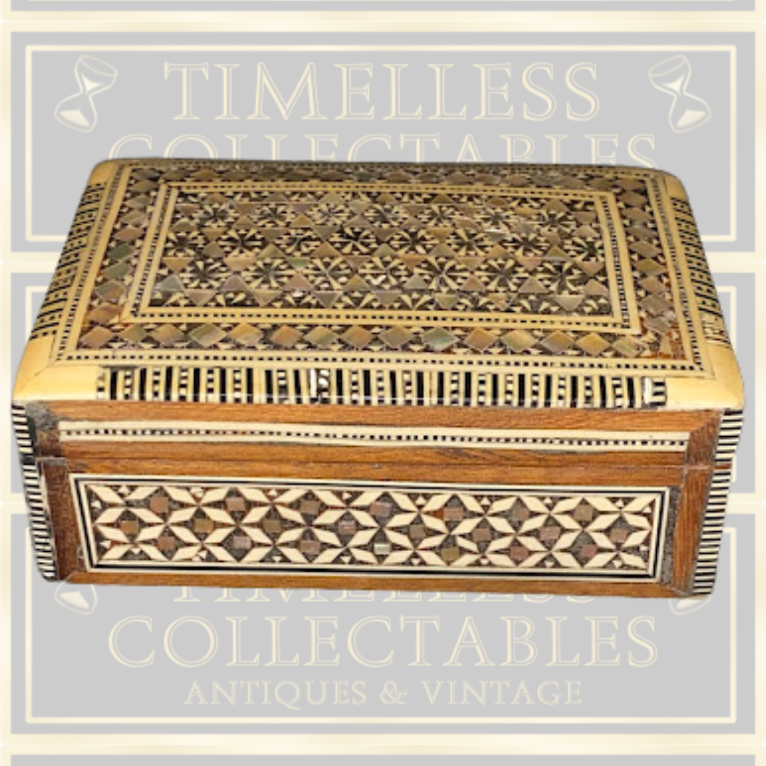 Antique Inlaid Middle Eastern Wooden Mosaic Mother Of Pearl Trinket Box