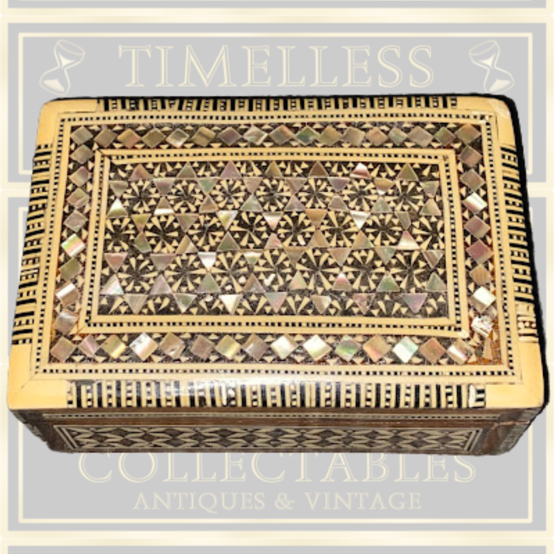 Antique Inlaid Middle Eastern Wooden Mosaic Mother Of Pearl Trinket Box