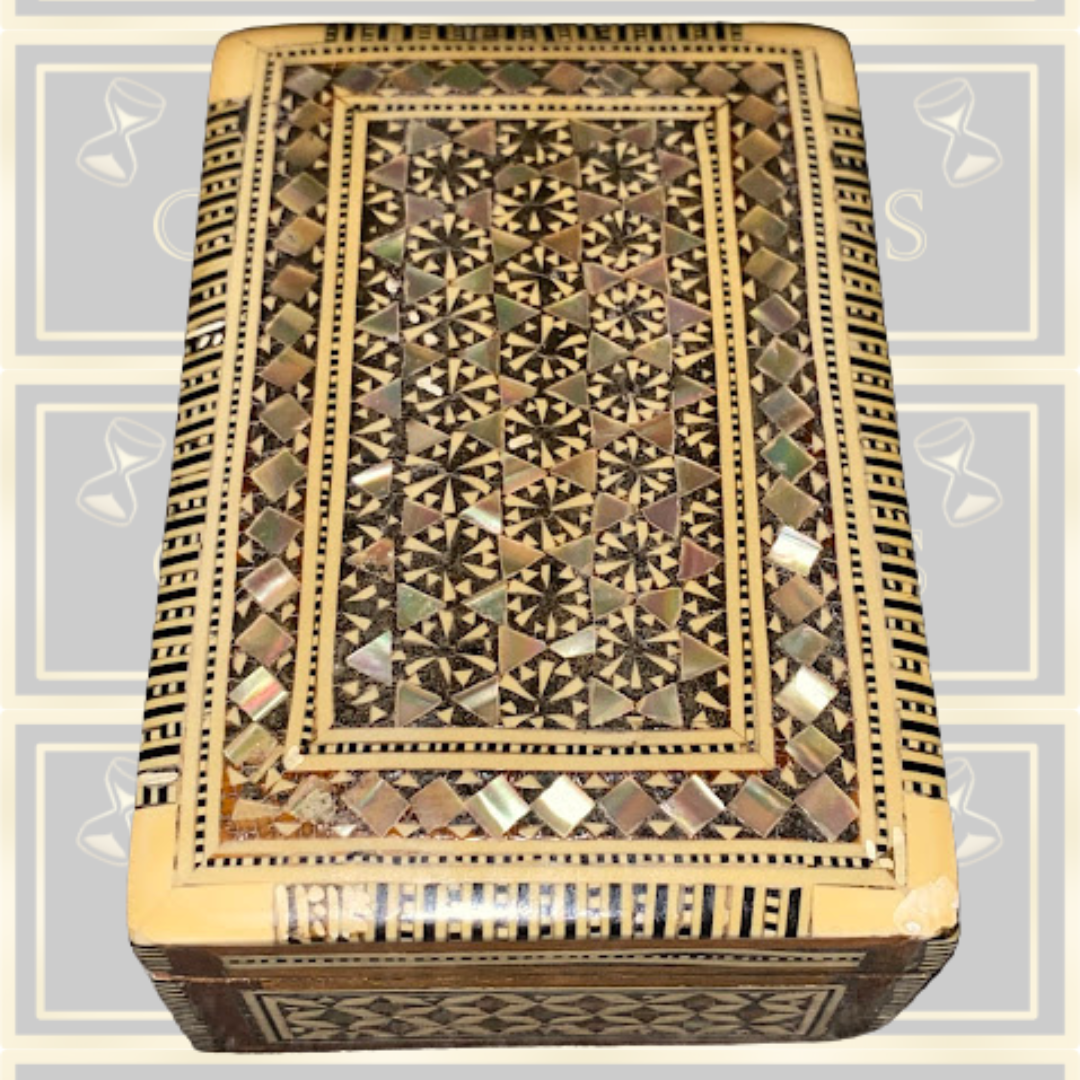 Antique Inlaid Middle Eastern Wooden Mosaic Mother Of Pearl Trinket Box