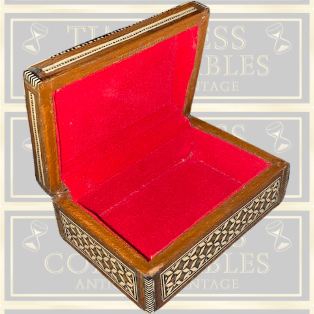 Antique Inlaid Middle Eastern Wooden Mosaic Mother Of Pearl Trinket Box