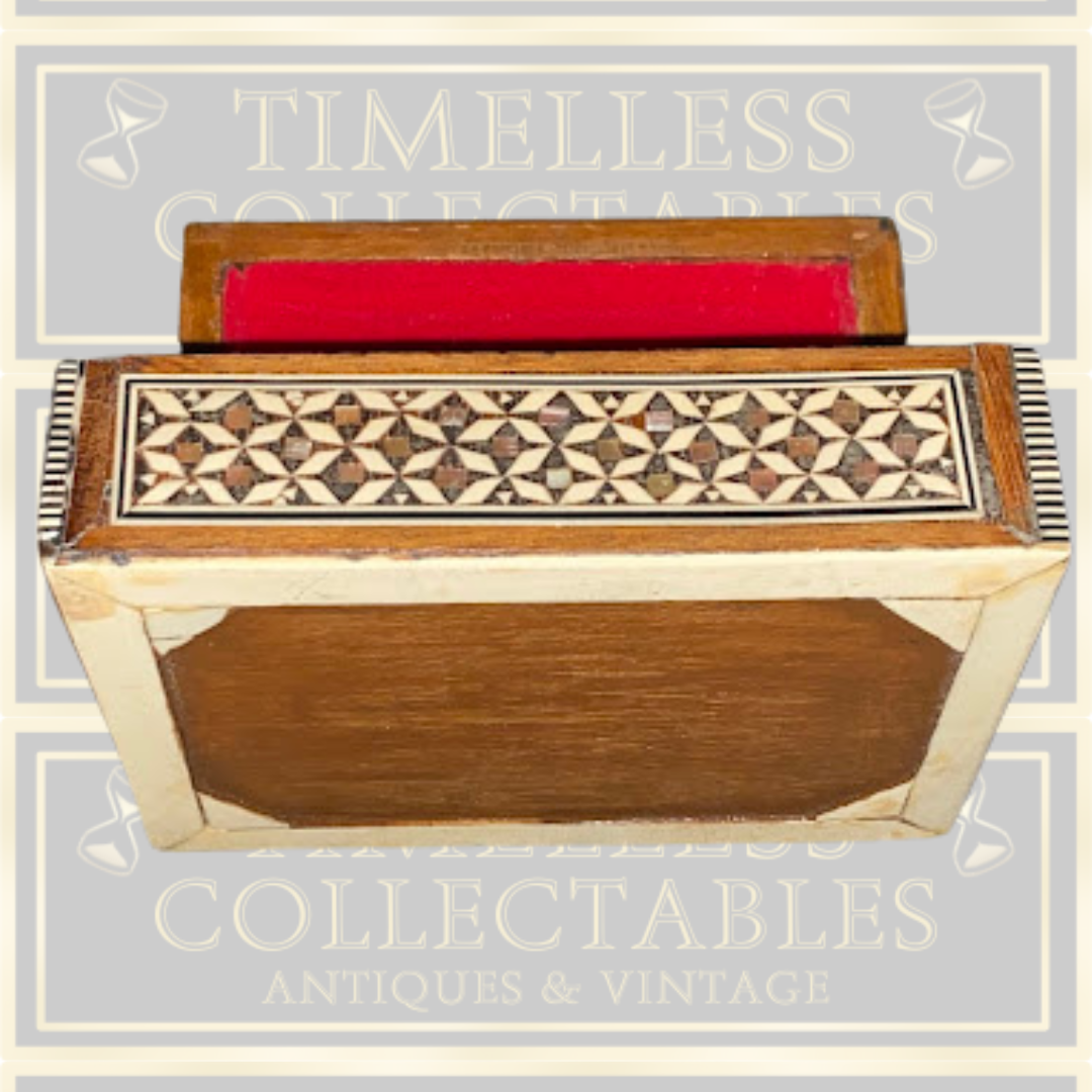 Antique Inlaid Middle Eastern Wooden Mosaic Mother Of Pearl Trinket Box