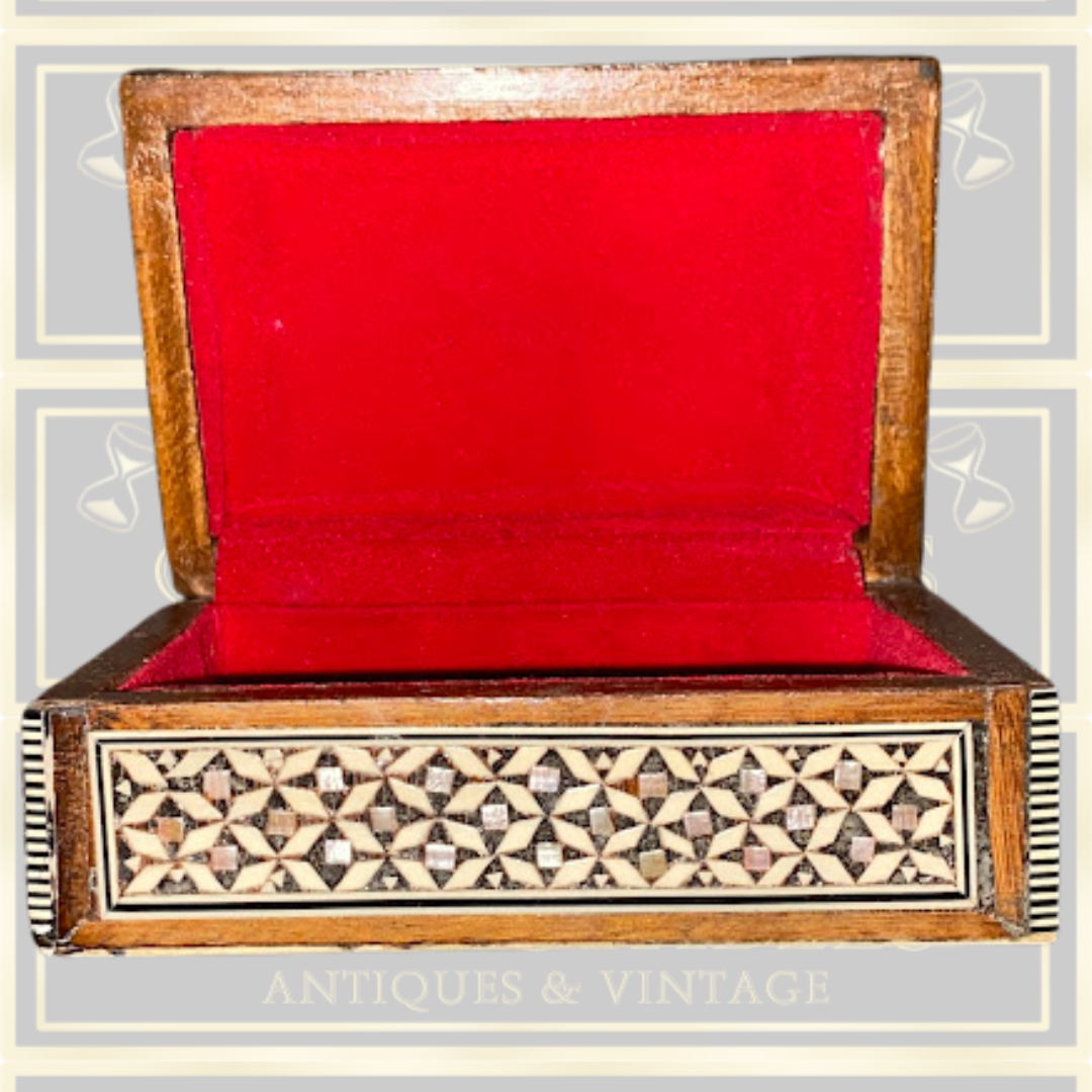 Antique Inlaid Middle Eastern Wooden Mosaic Mother Of Pearl Trinket Box