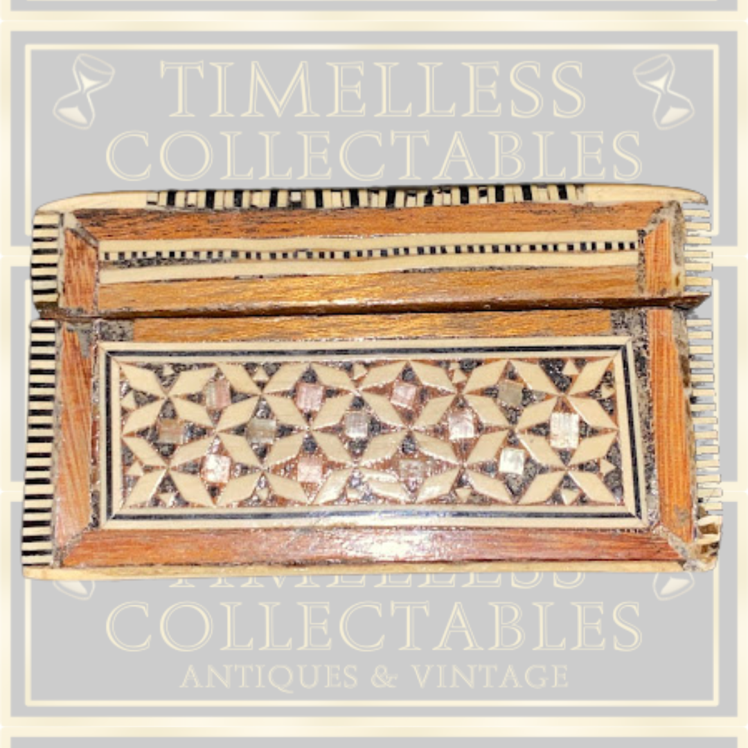 Antique Inlaid Middle Eastern Wooden Mosaic Mother Of Pearl Trinket Box