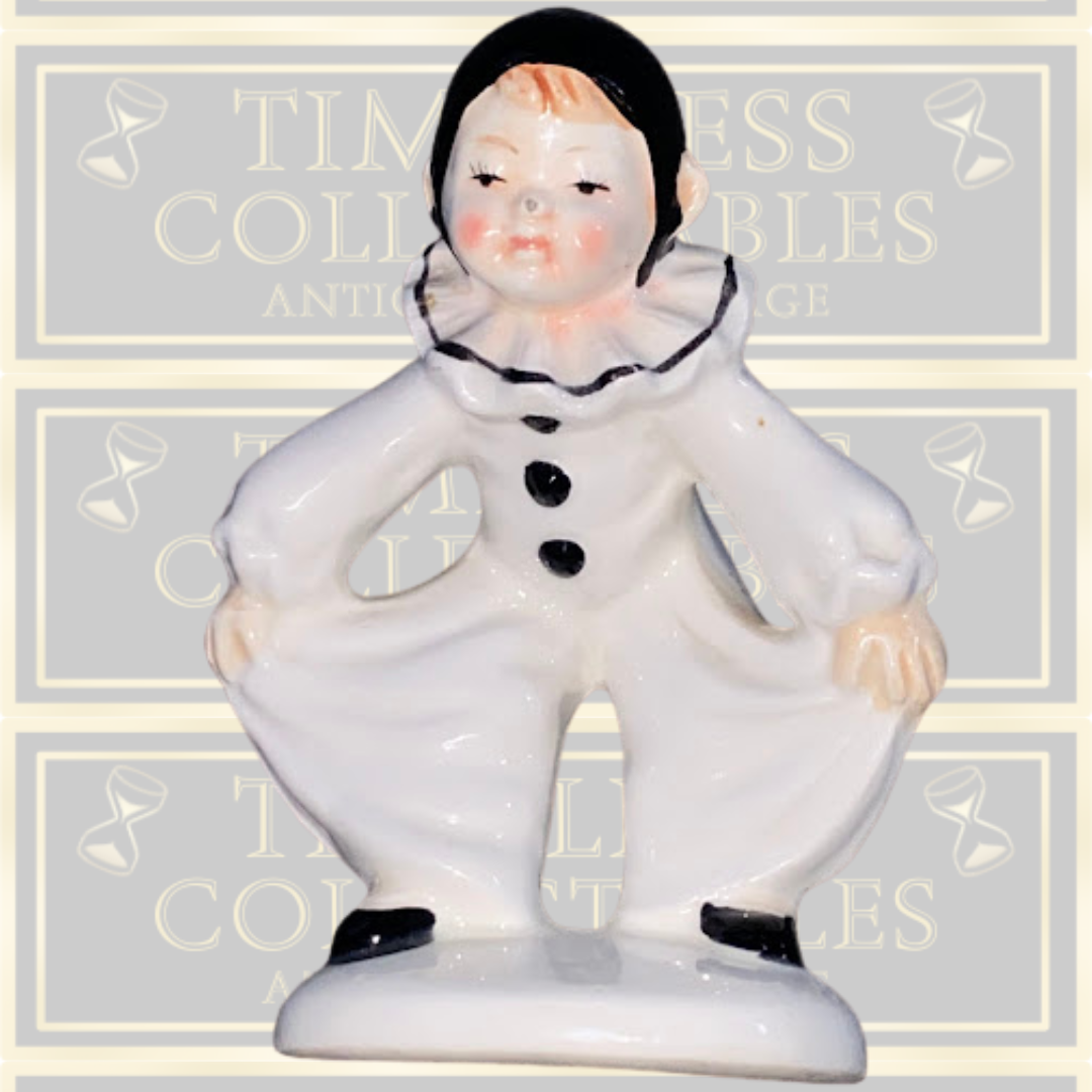 Vintage Pierrot Figurine Mime Black White Hand painted Clown