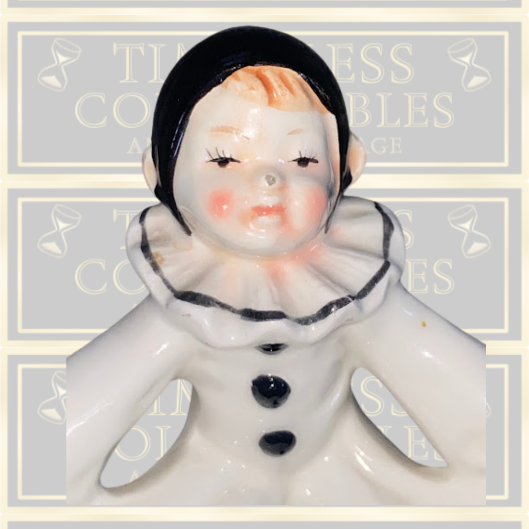 Vintage Pierrot Figurine Mime Black White Hand painted Clown