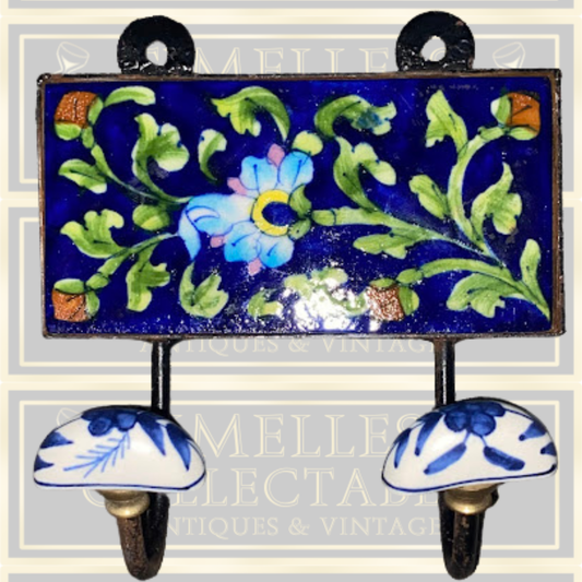 Vintage Handmade Beautiful Ceramic Tile Wall Hanging Twin Hook