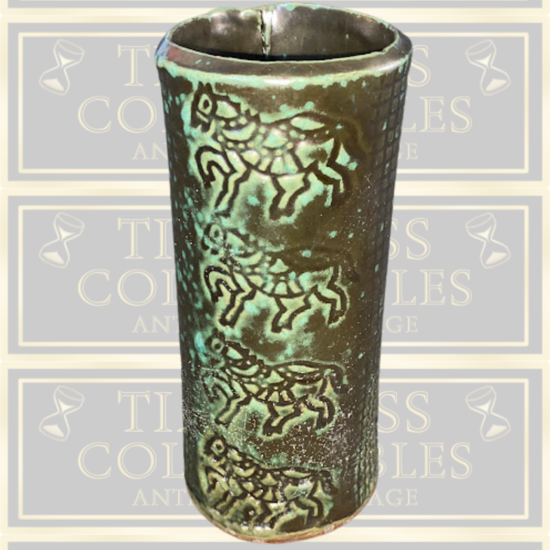 Antique Italian Horse Embossed Green Vase