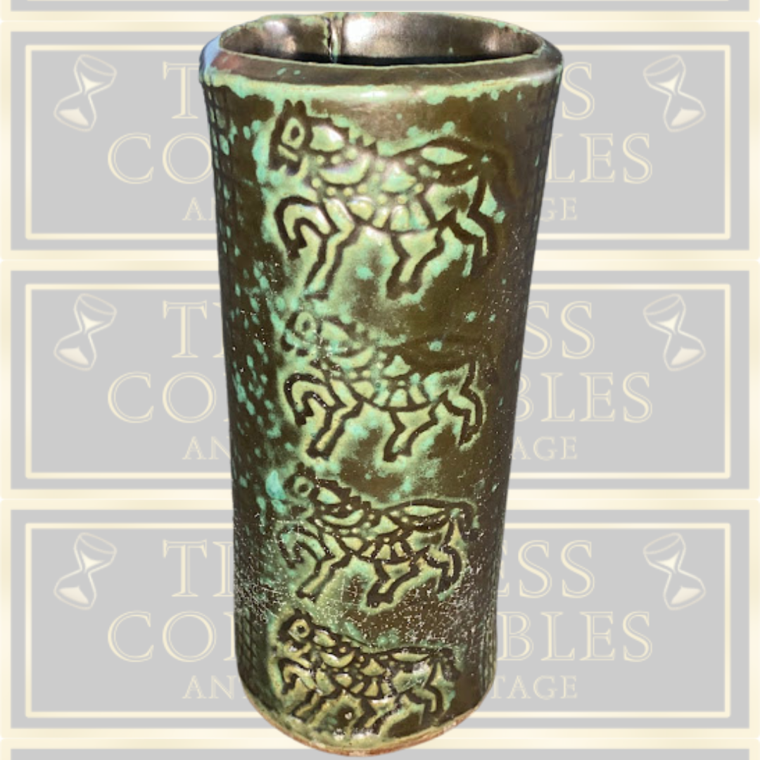 Antique Italian Horse Embossed Green Vase