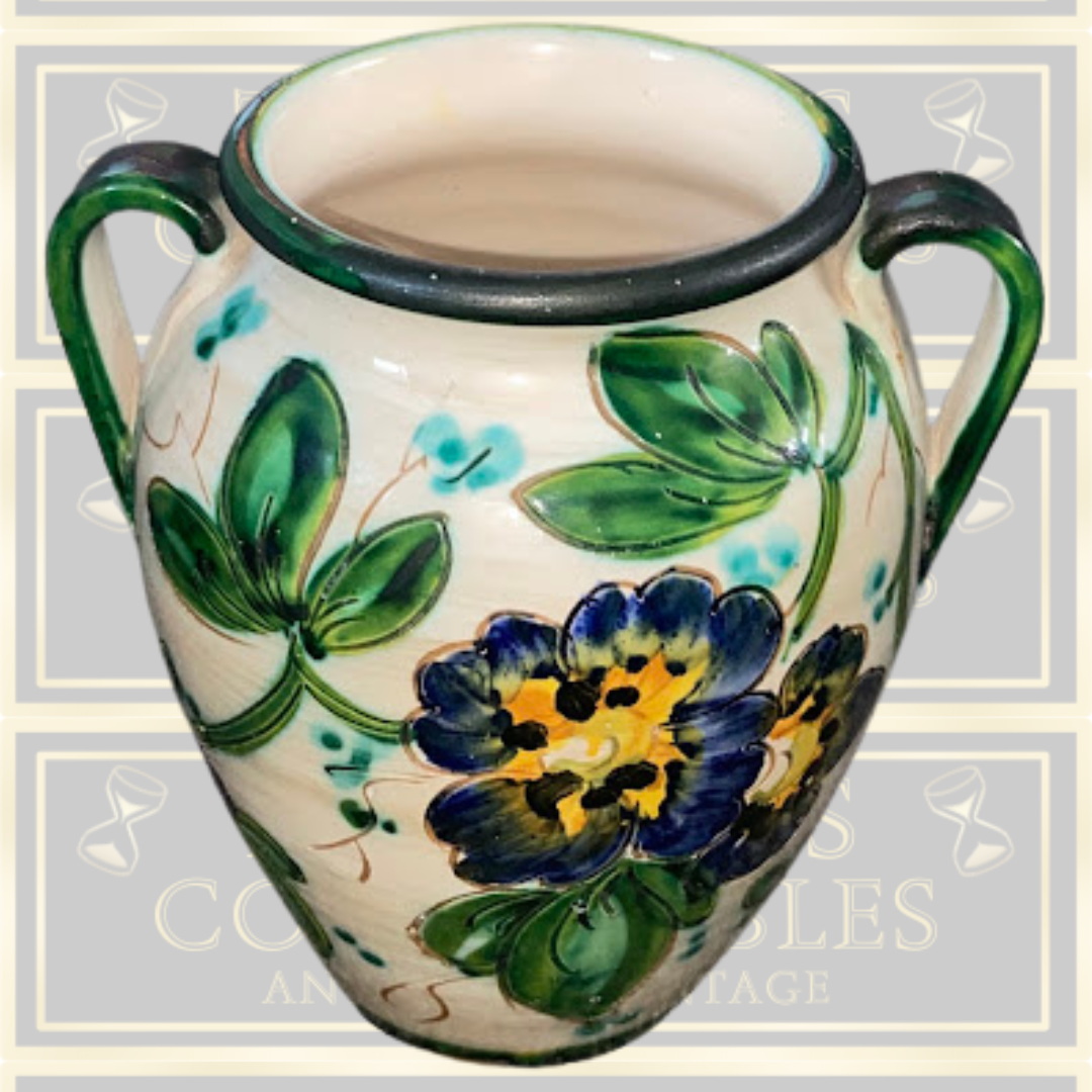 Vintage Majolica Hand Painted Floral Twin Handle Vase