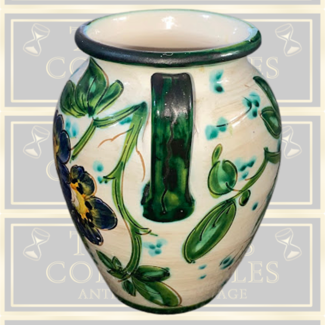 Vintage Majolica Hand Painted Floral Twin Handle Vase