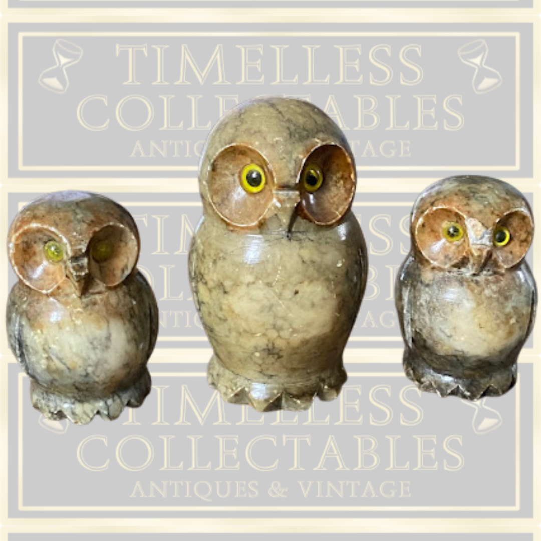 Vintage Italian Hand-Carved Alabaster Owl Trio Figurines