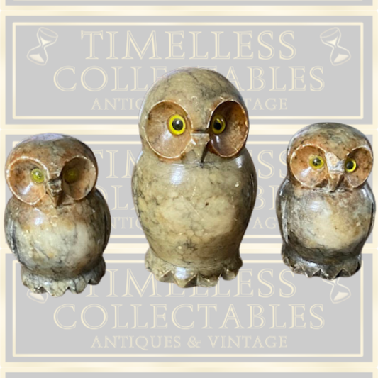 Vintage Italian Hand-Carved Alabaster Owl Trio Figurines
