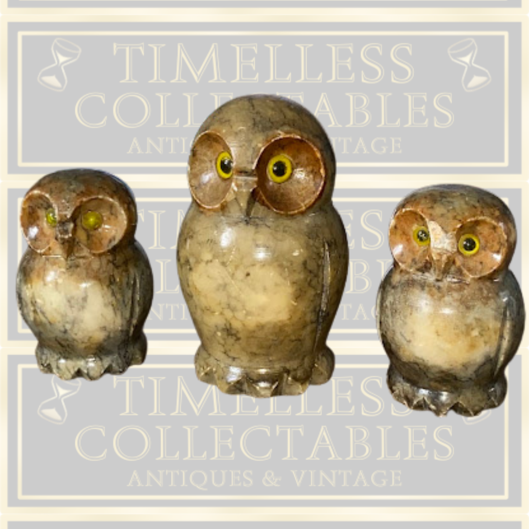 Vintage Italian Hand-Carved Alabaster Owl Trio Figurines