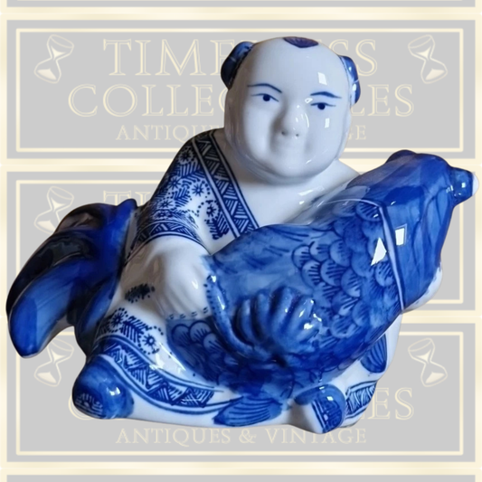 Vintage Blue White Oriental Laughing Buddha Holding Large Koi Carp